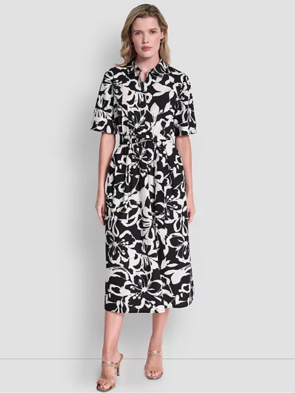 Women's Elbow Sleeve Collared Neck Button-Front Belted Floral Midi Shirtdress